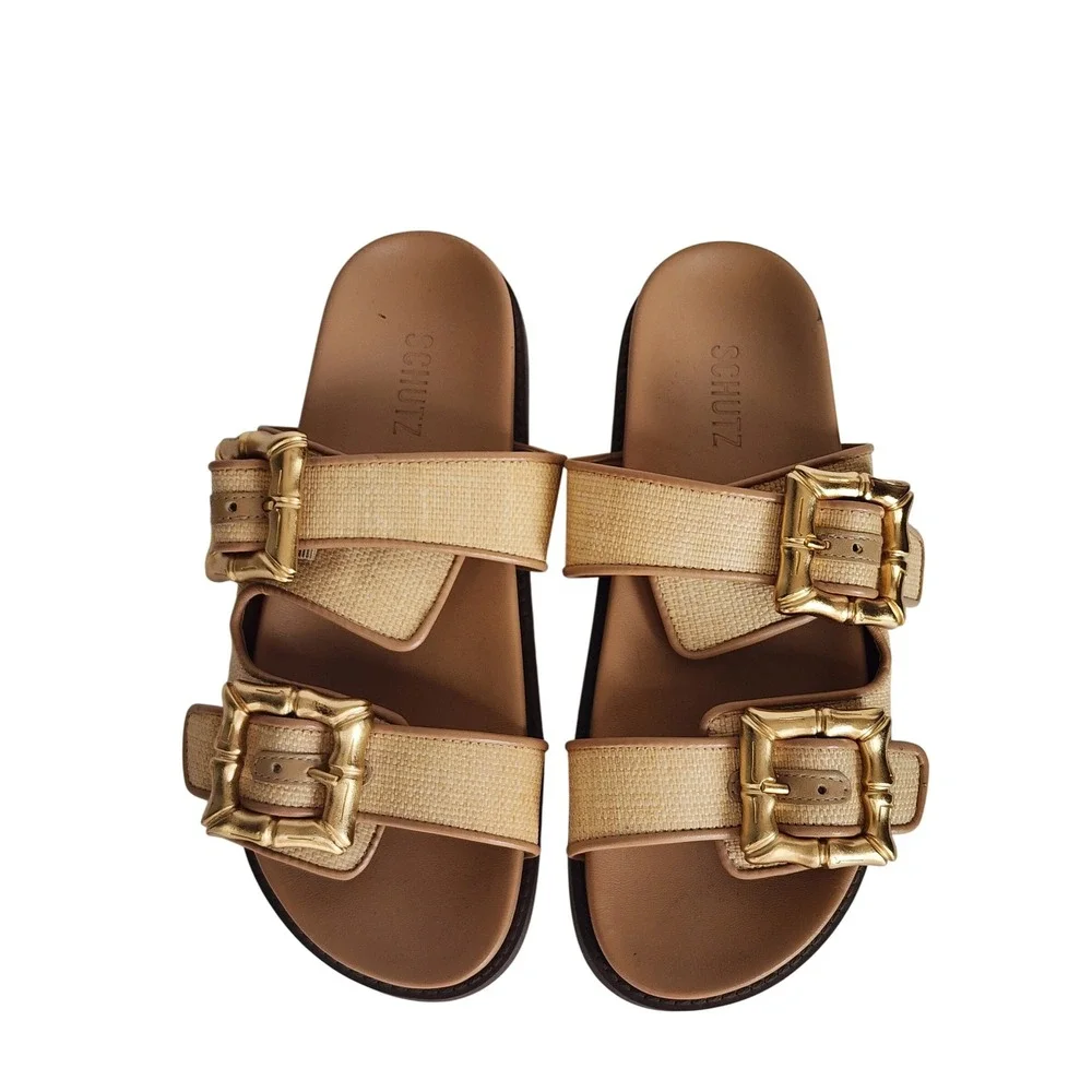 Schutz Enola Women 8 Raffia Double Strap Slide Sandals Gold Bamboo Buckle Tan
